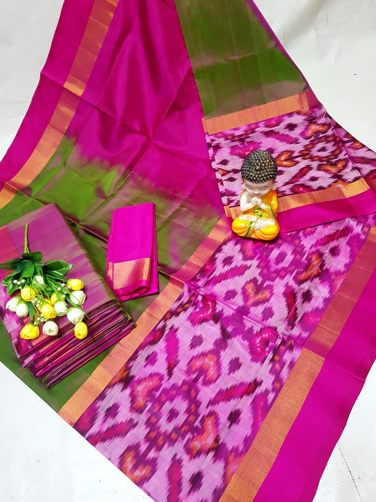 Green and pink Uppada sarees with big pochampally border