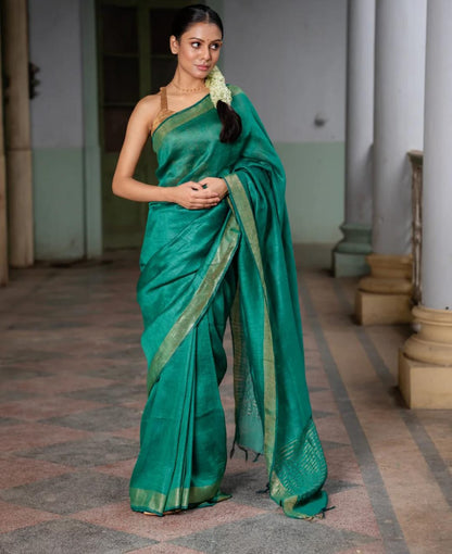 Dark green festive wear silk linen sarees