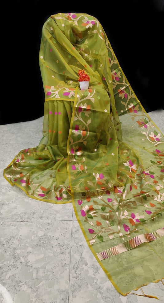 Olive green pure Muslin organza silk sarees