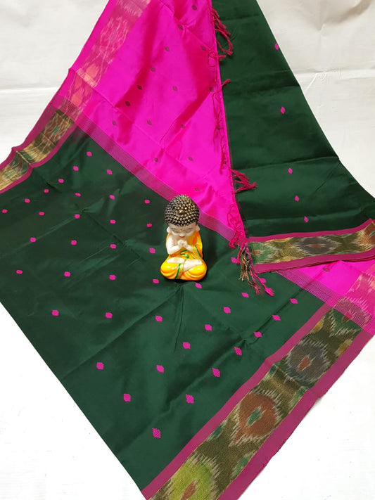 Bottle green and pink Tripura silk sarees with Pochampally border