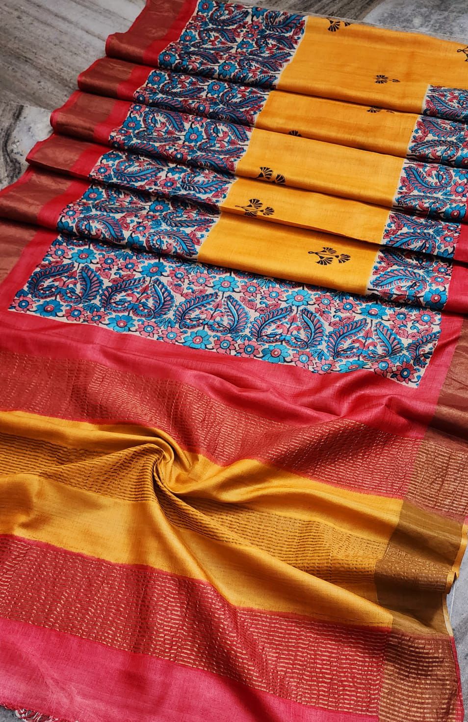 Yellow and pink tussar silk printed sarees