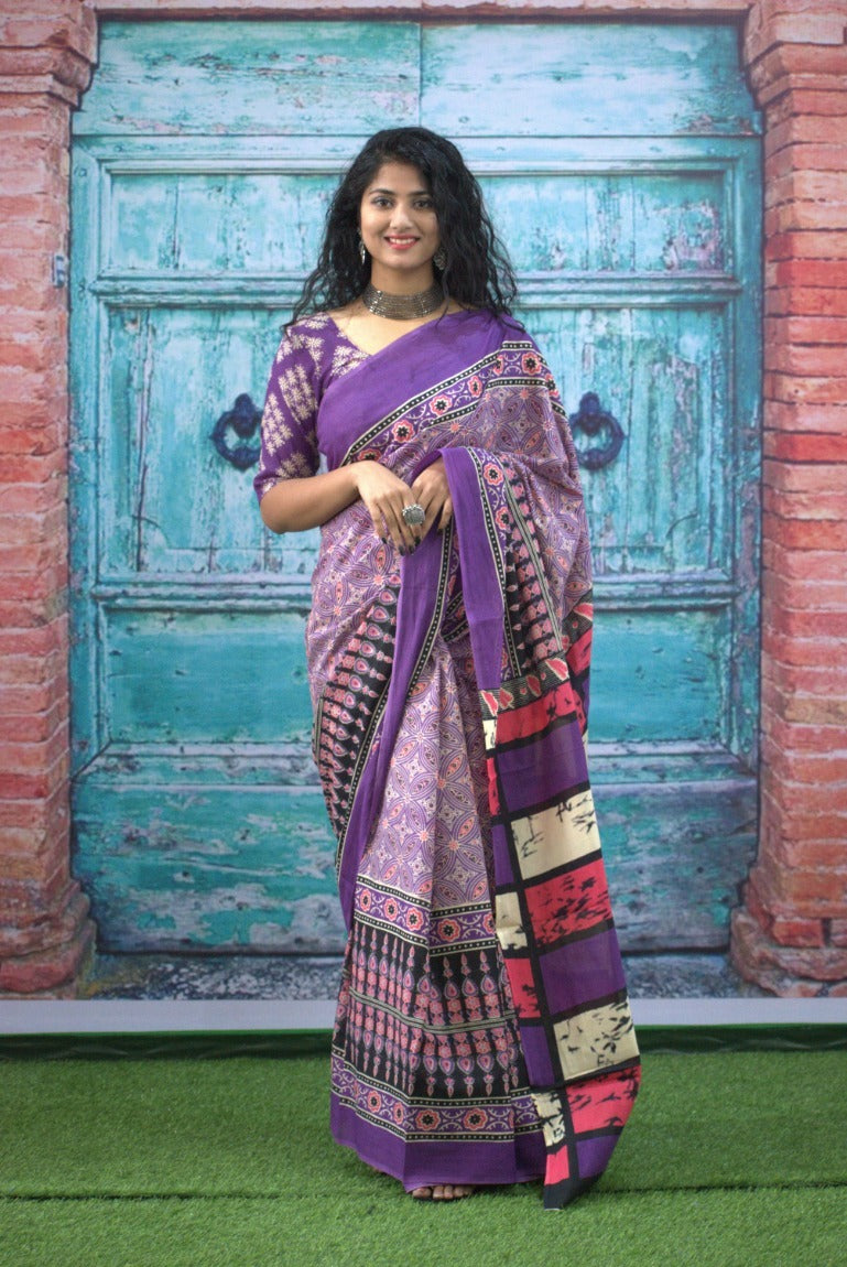 Purple mulmul cotton sarees