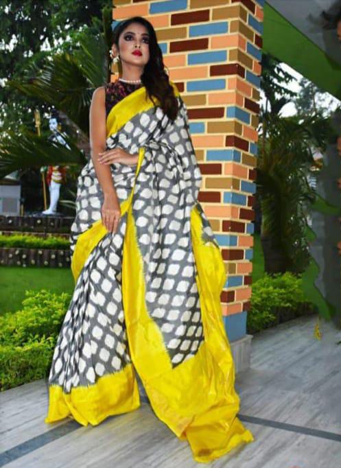 Gray and yellow handloom pochampally ikkat silk sarees