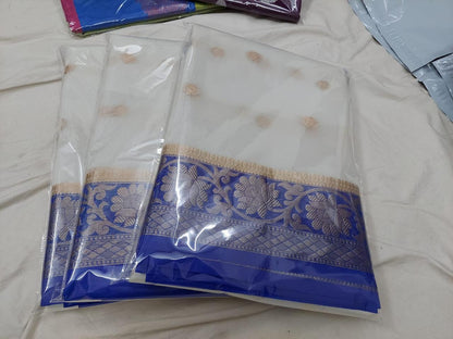 Cream with dark blue Banarasi kora organza sarees