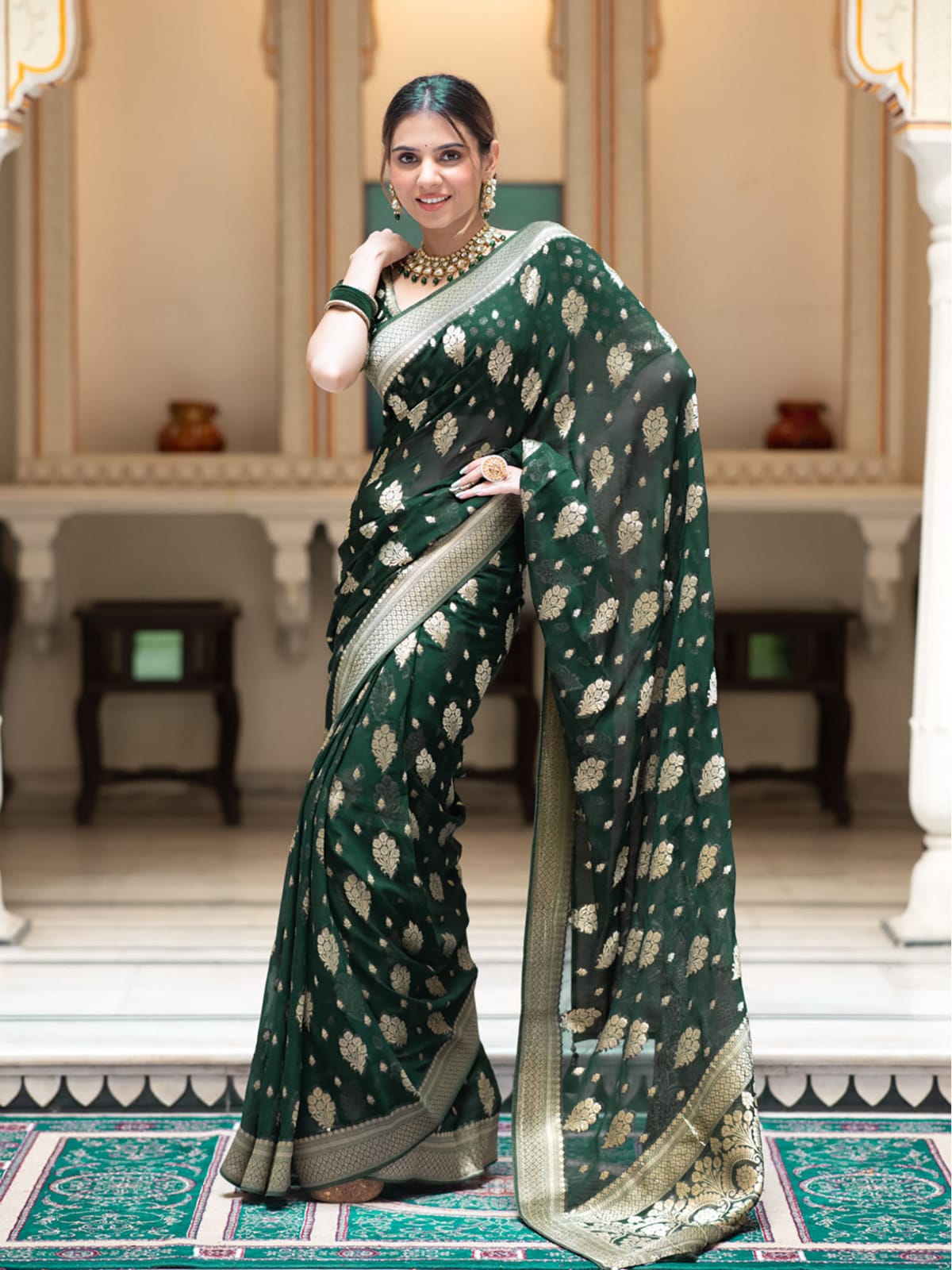 Bottle green Banarasi semi georgette silk sarees