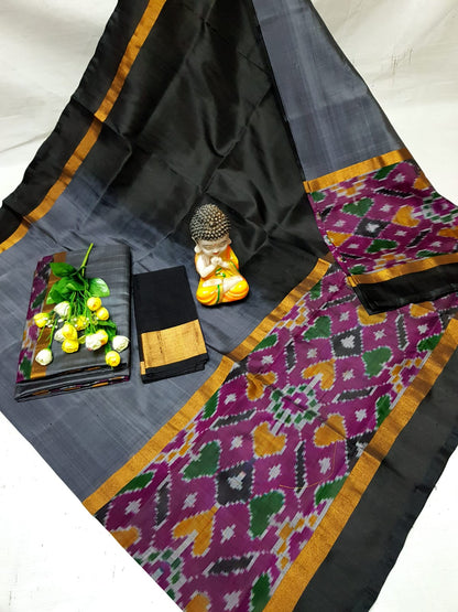 Grey and black Uppada sarees with big pochampally border