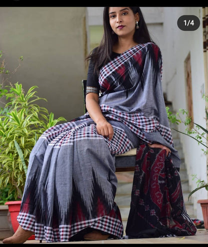 Gray ikkat mercerised Cotton sarees