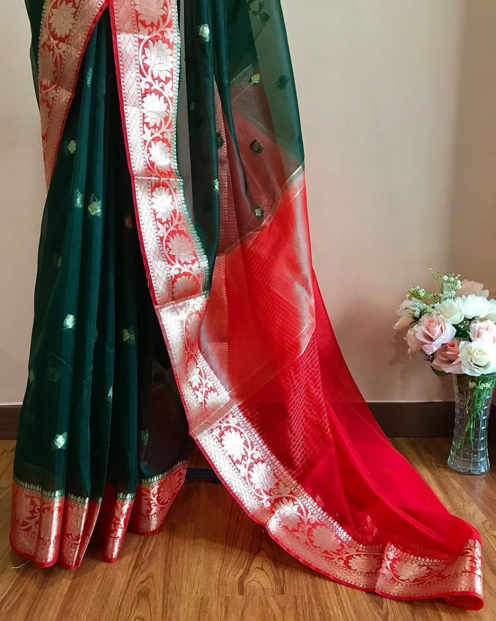 Dark green Banarasi kora organza sarees