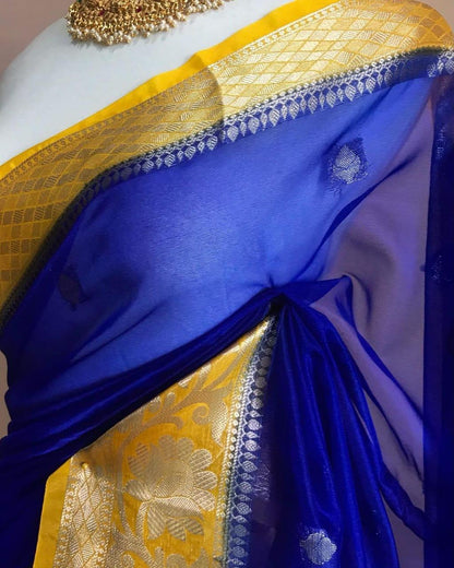 Dark blue and yellow Banarasi kora organza sarees