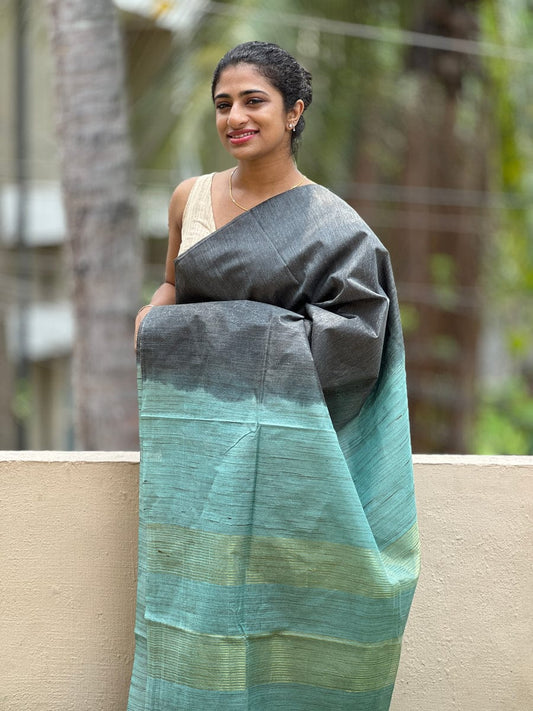 Grey and light green semi munga silk sarees