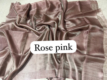 Rose pink Pure handloom Tussar tissue silk sarees