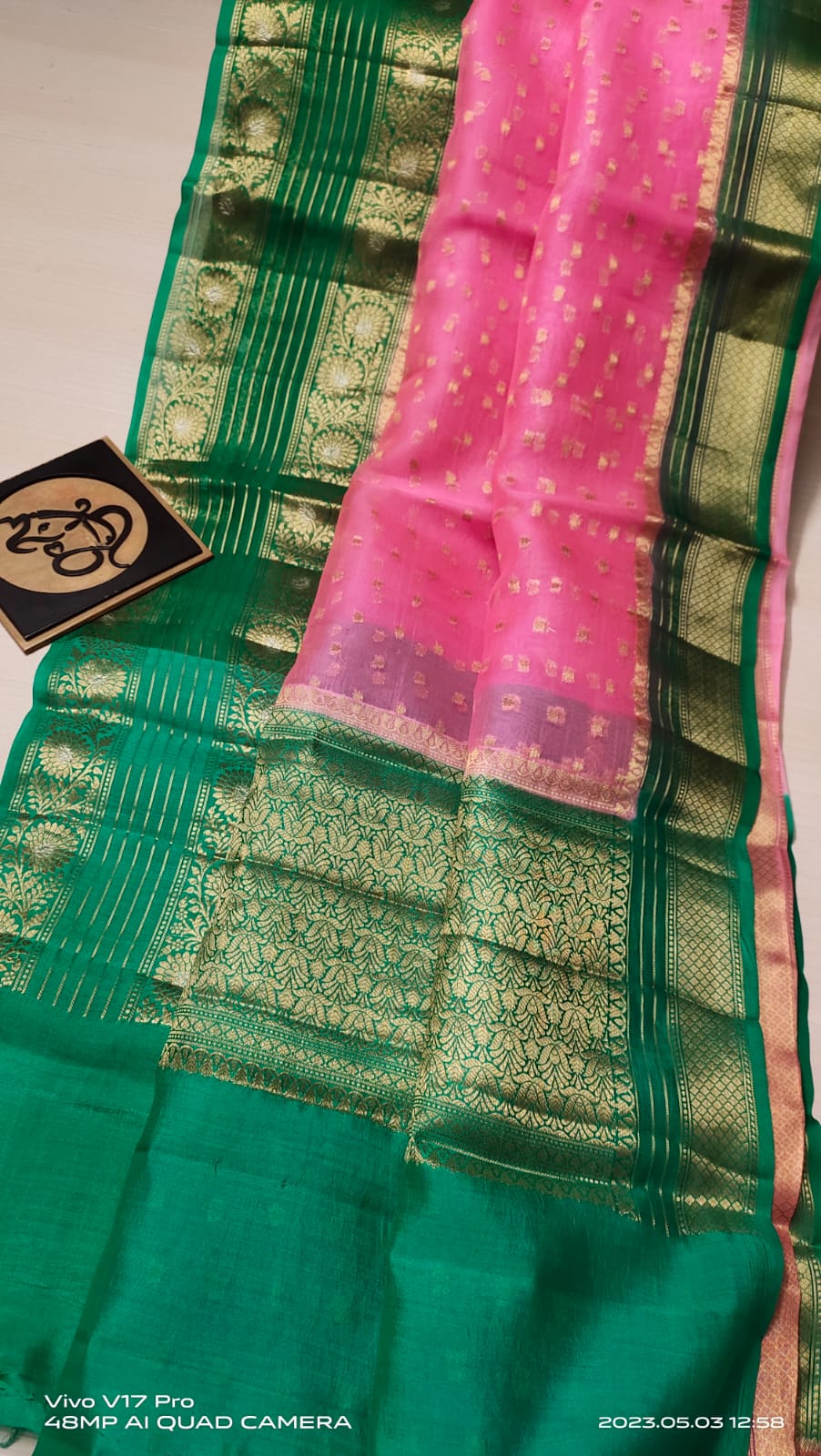 Pink and dark green Banarasi kora organza silk sarees