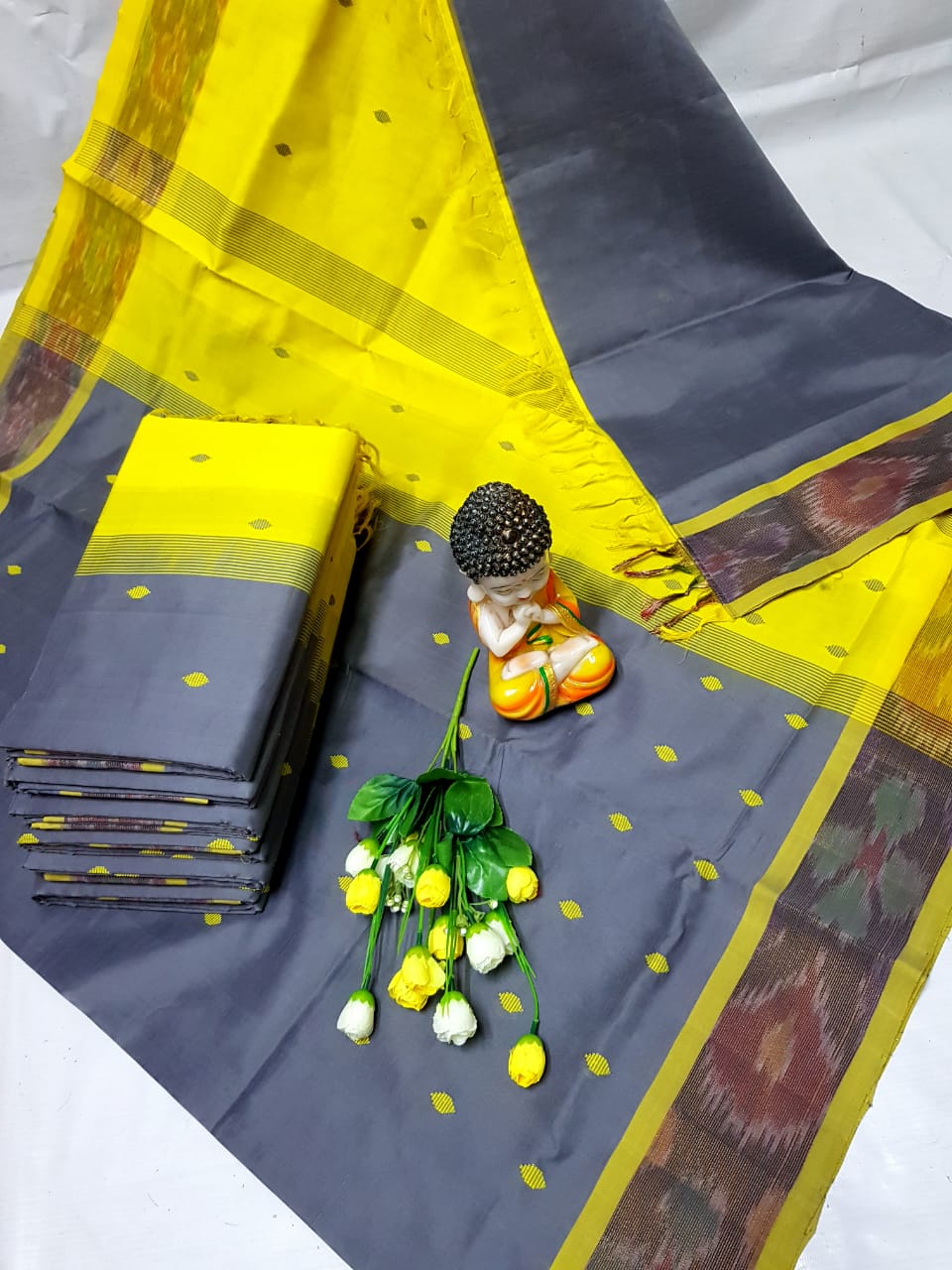 Gray and yellow Tripura silk sarees with Pochampally border