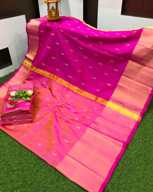 Pink with dark pink Uppada small Jamdani butta Sarees