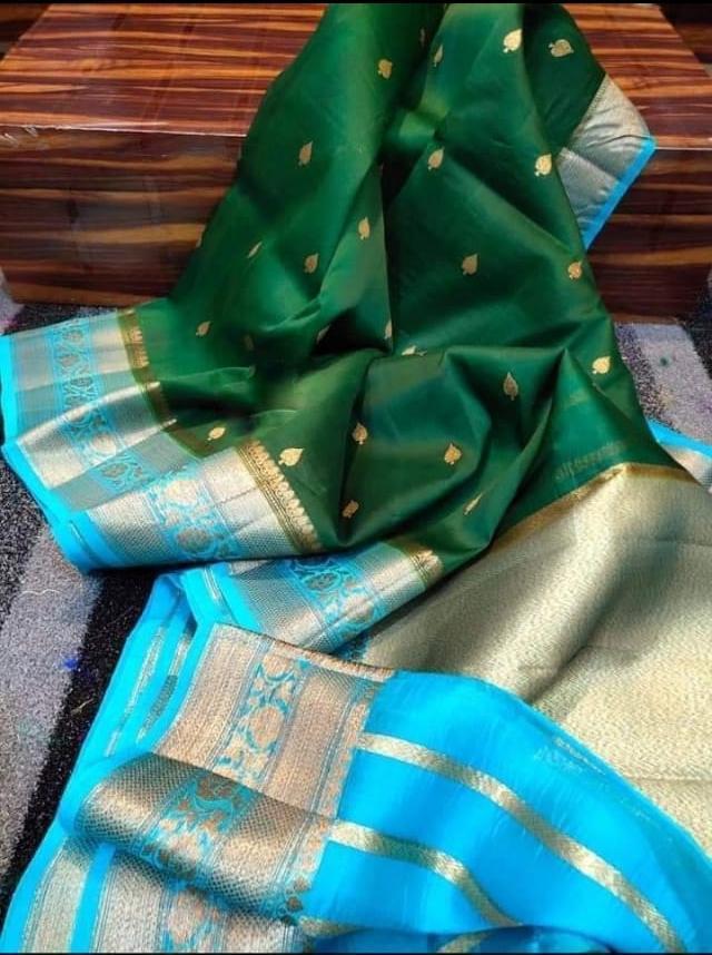 Dark green with sky blue Banarasi kora organza sarees