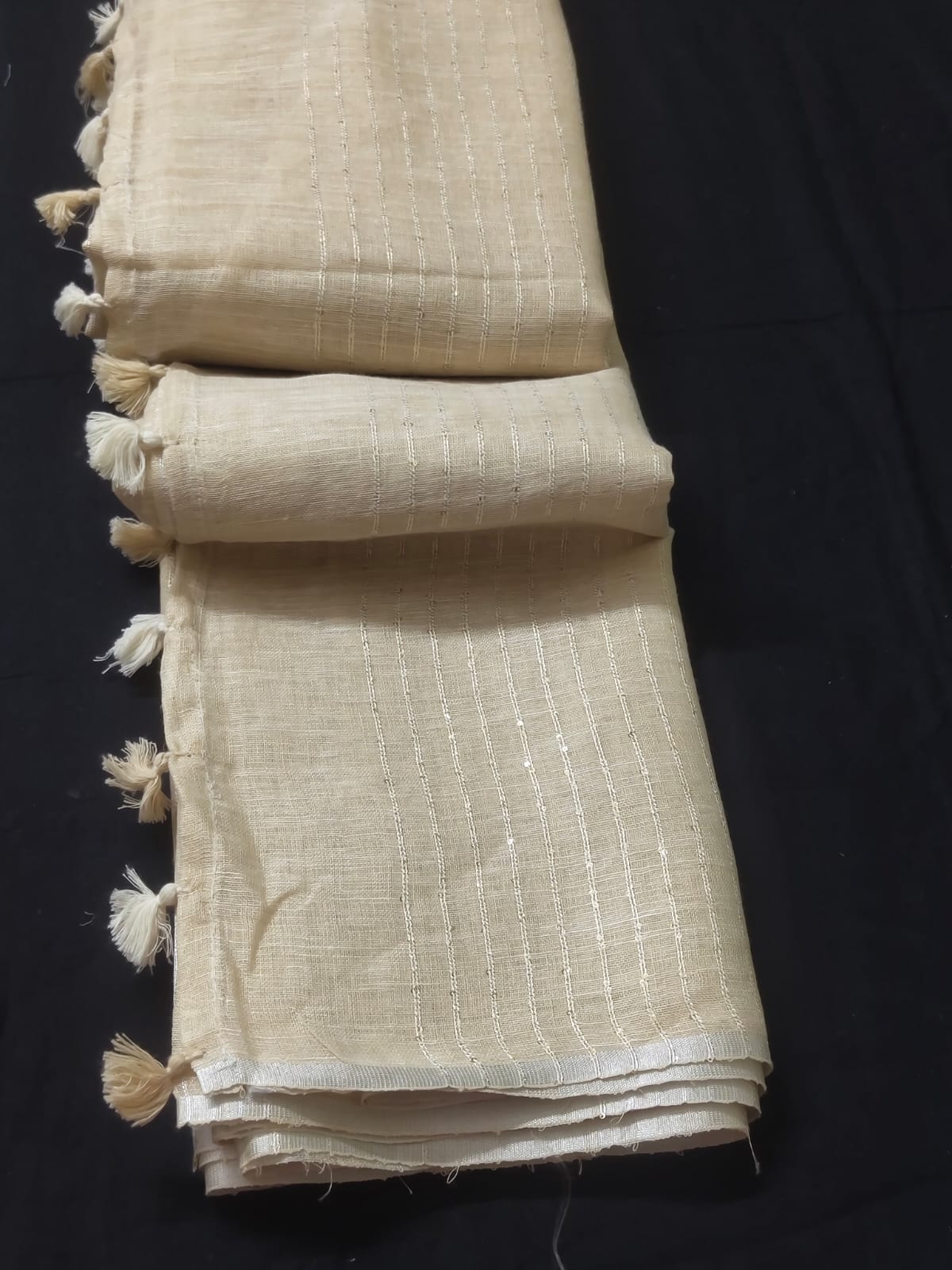 Beige linen striped sarees