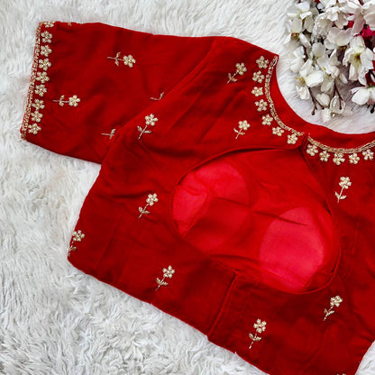 Red readymade velvet pearl work blouse