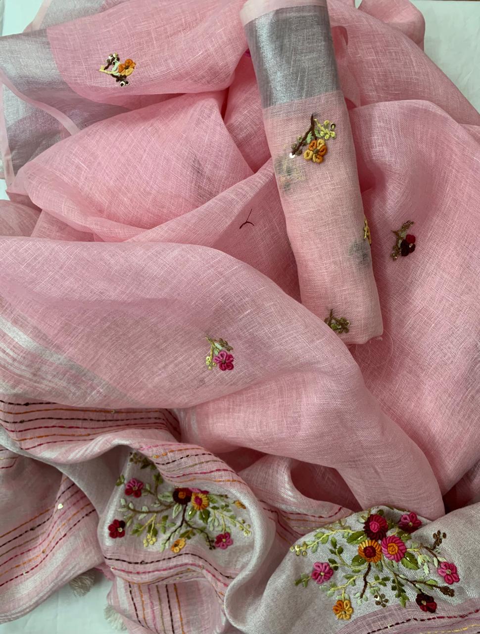 Baby pink Linen French Knot embroidery sarees