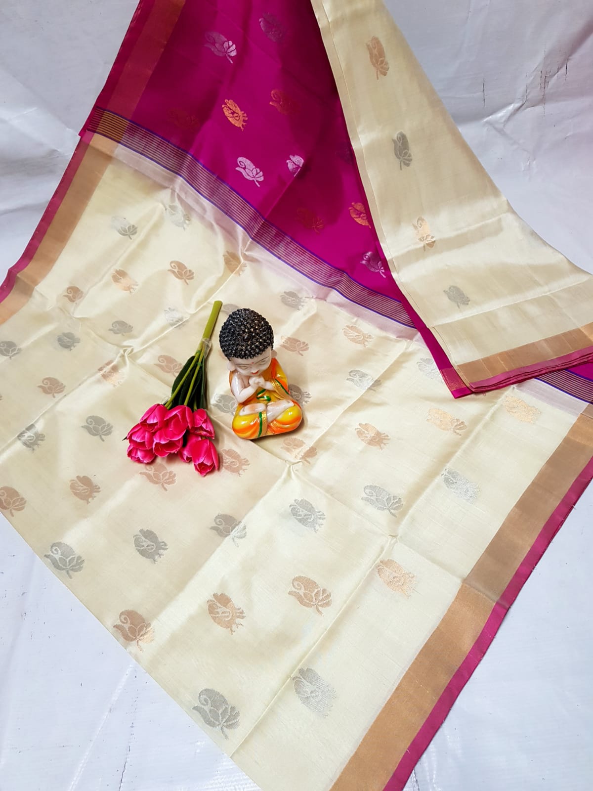 Cream and pink handloom Uppada silk sarees with small border