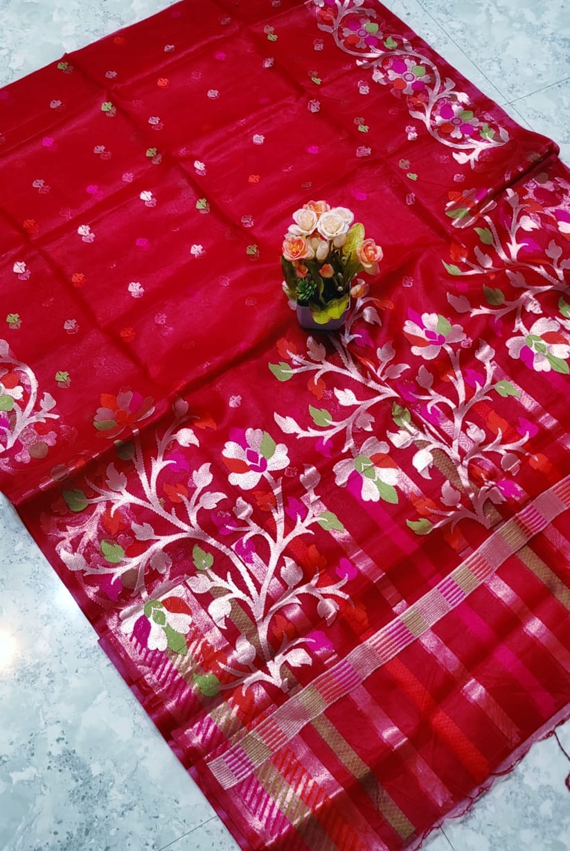 Dark pink Muslin organza silk sarees