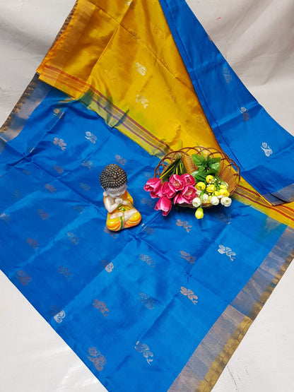 Sky blue and yellow handloom Uppada silk sarees with small border