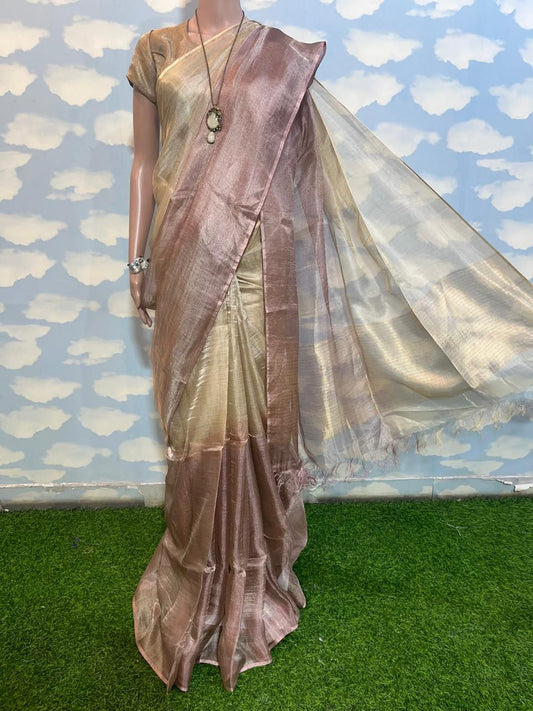 Gold and onion pink Pure Tussar tissue silk sarees