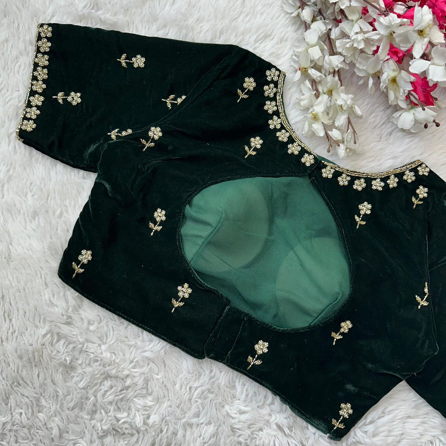 Bottle green readymade velvet pearl work blouse