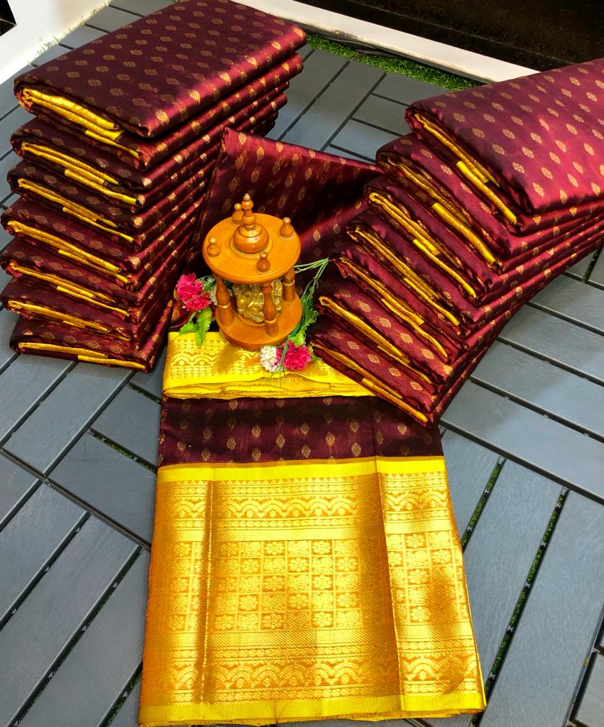 Dark Brown and yellow handloom Kuppadam kanchi border sarees