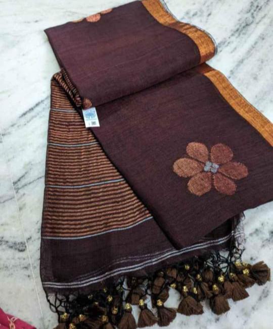 Dark chocolate brown 120 counts linen jamdani weaved sarees