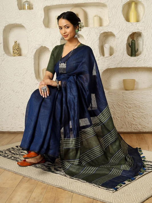 Navy blue 120 counts linen by linen sarees