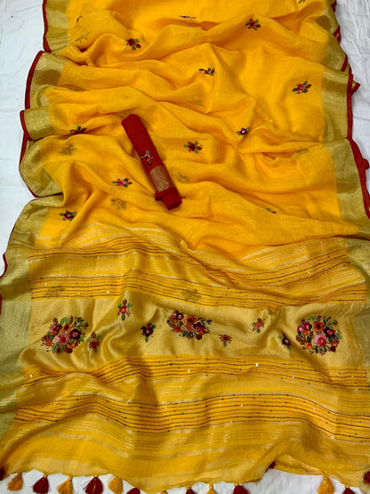 Mango yellow Linen French Knot embroidery sarees