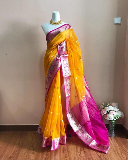 Mango yellow Banarasi kora organza sarees