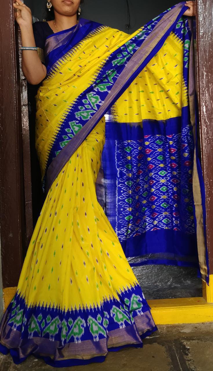 Yellow and dark blue handloom pochampally ikkat silk sarees