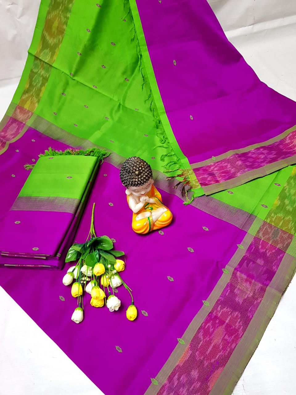 Pink and green Tripura silk sarees with Pochampally border