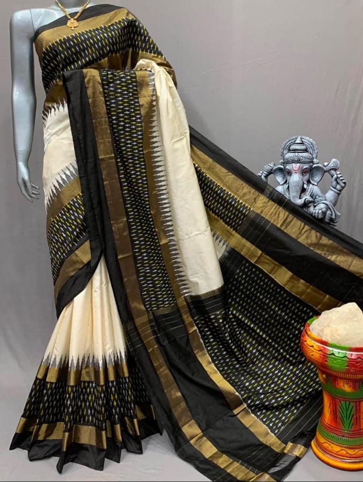 Cream with black ikkat plain silk sarees