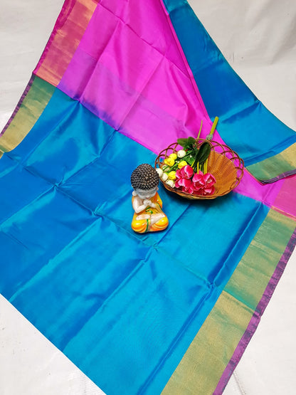 Light blue and Fuchsia pink uppada plain silk sarees