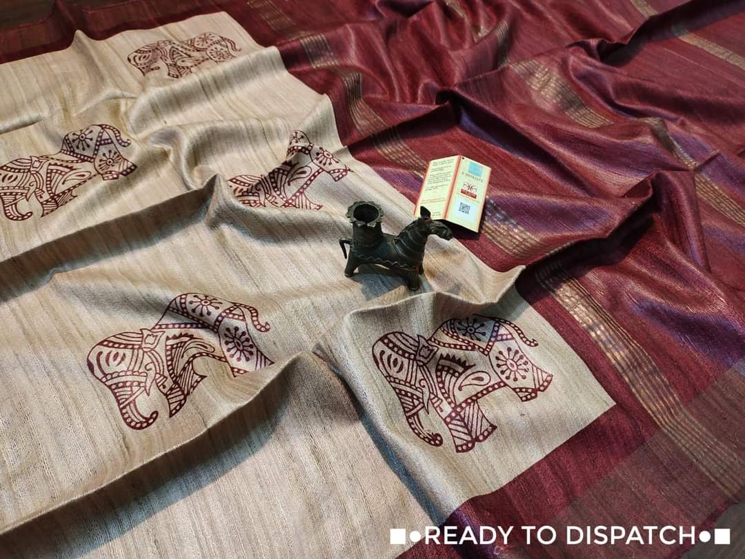 Beige with maroon Pure Tussar gicha screen print sarees