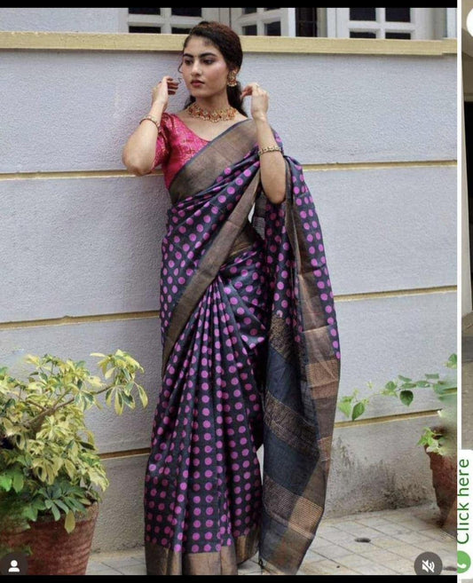 Dark purple and black block print tussar silk sarees