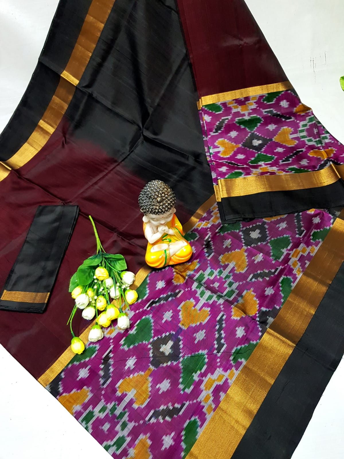 Chocolate brown Uppada sarees with big pochampally border