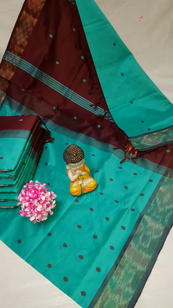 Turquoise and dark brown Tripura silk sarees with Pochampally border