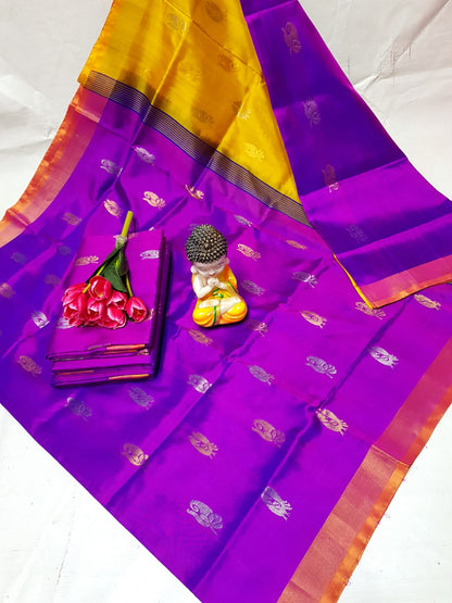 Purple and yellow handloom Uppada silk sarees with small border