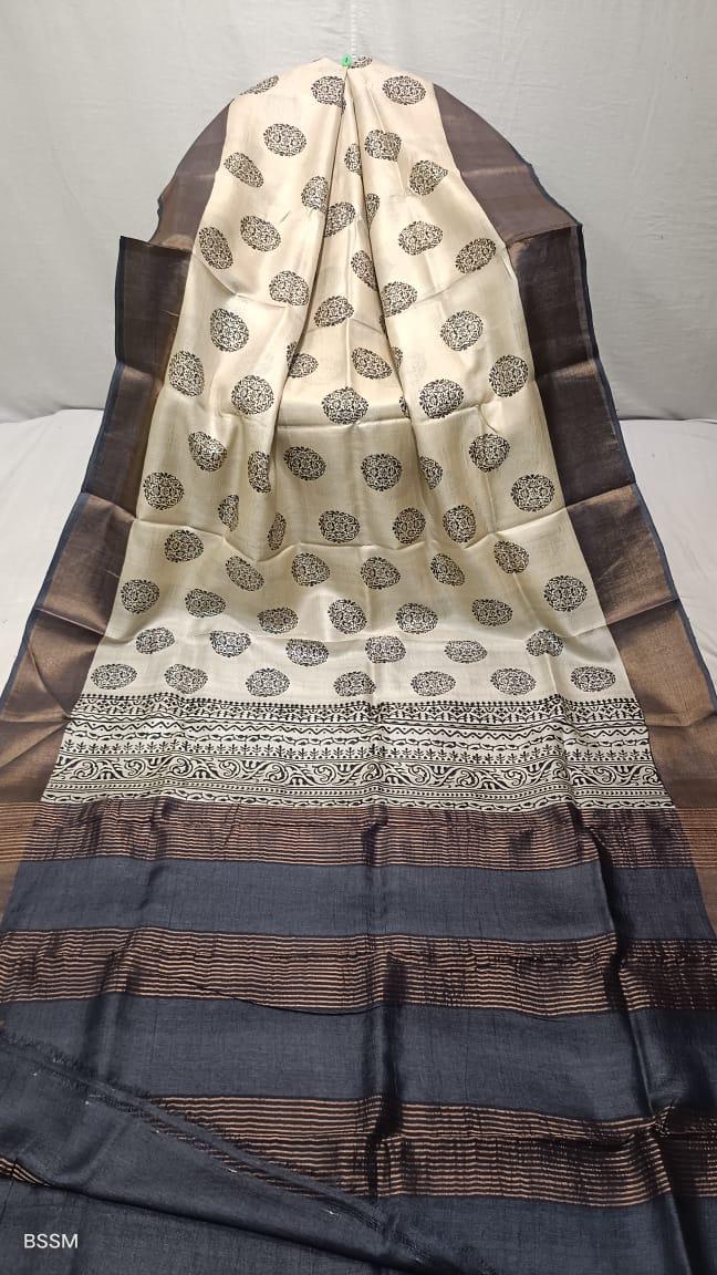 Cream and black tussar silk hand block printed sarees