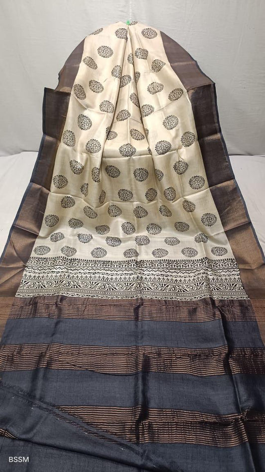 Cream and black tussar silk hand block printed sarees