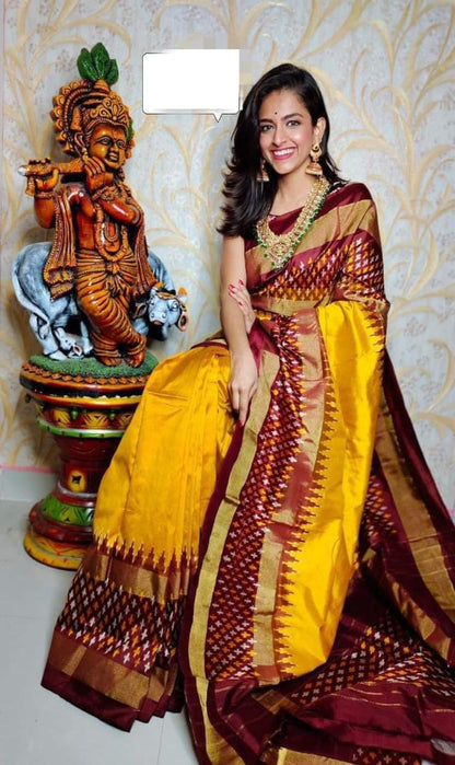 Yellow ikkat plain silk sarees