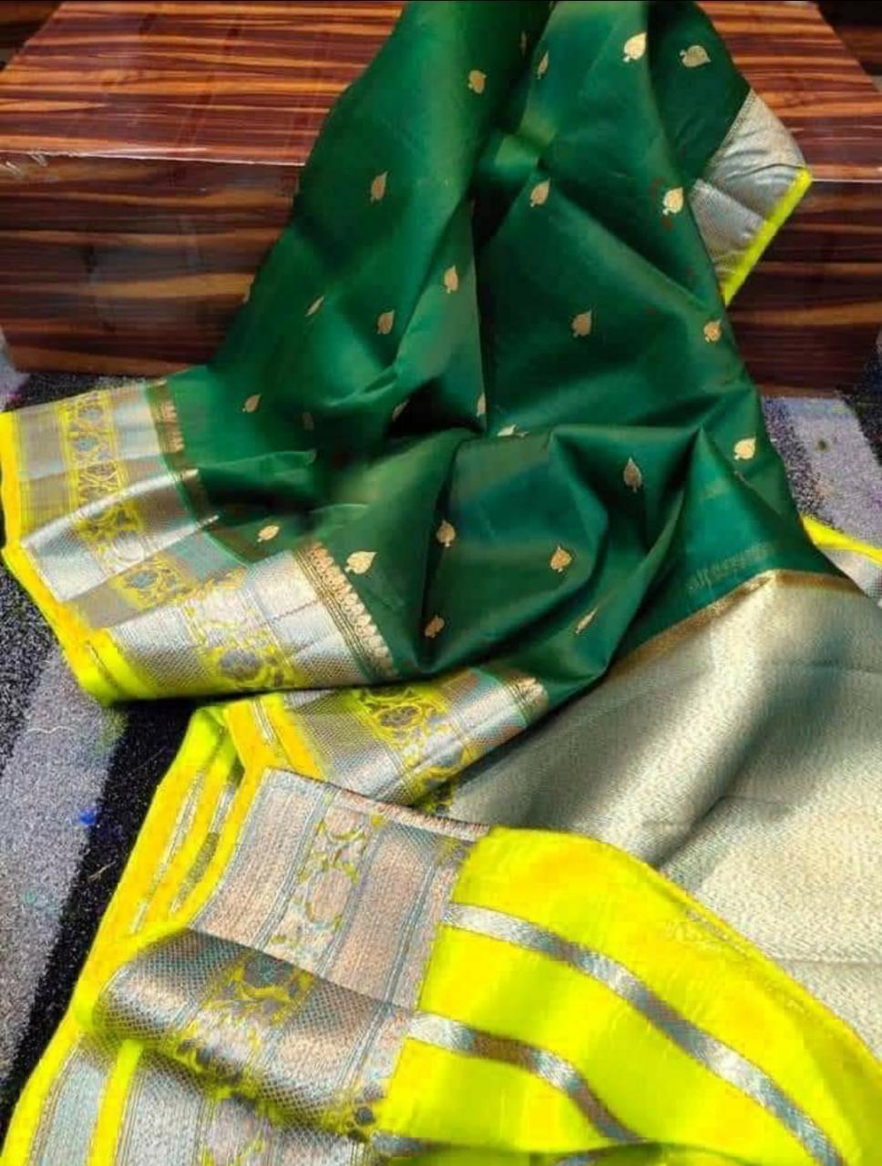 Dark green and yellow Banarasi kora organza sarees