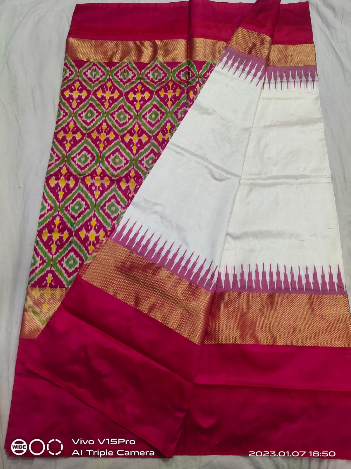 Cream pochampally ikkat silk sarees