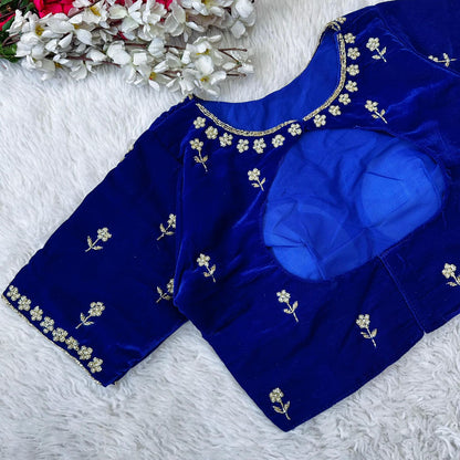 Royal blue readymade velvet pearl work blouse