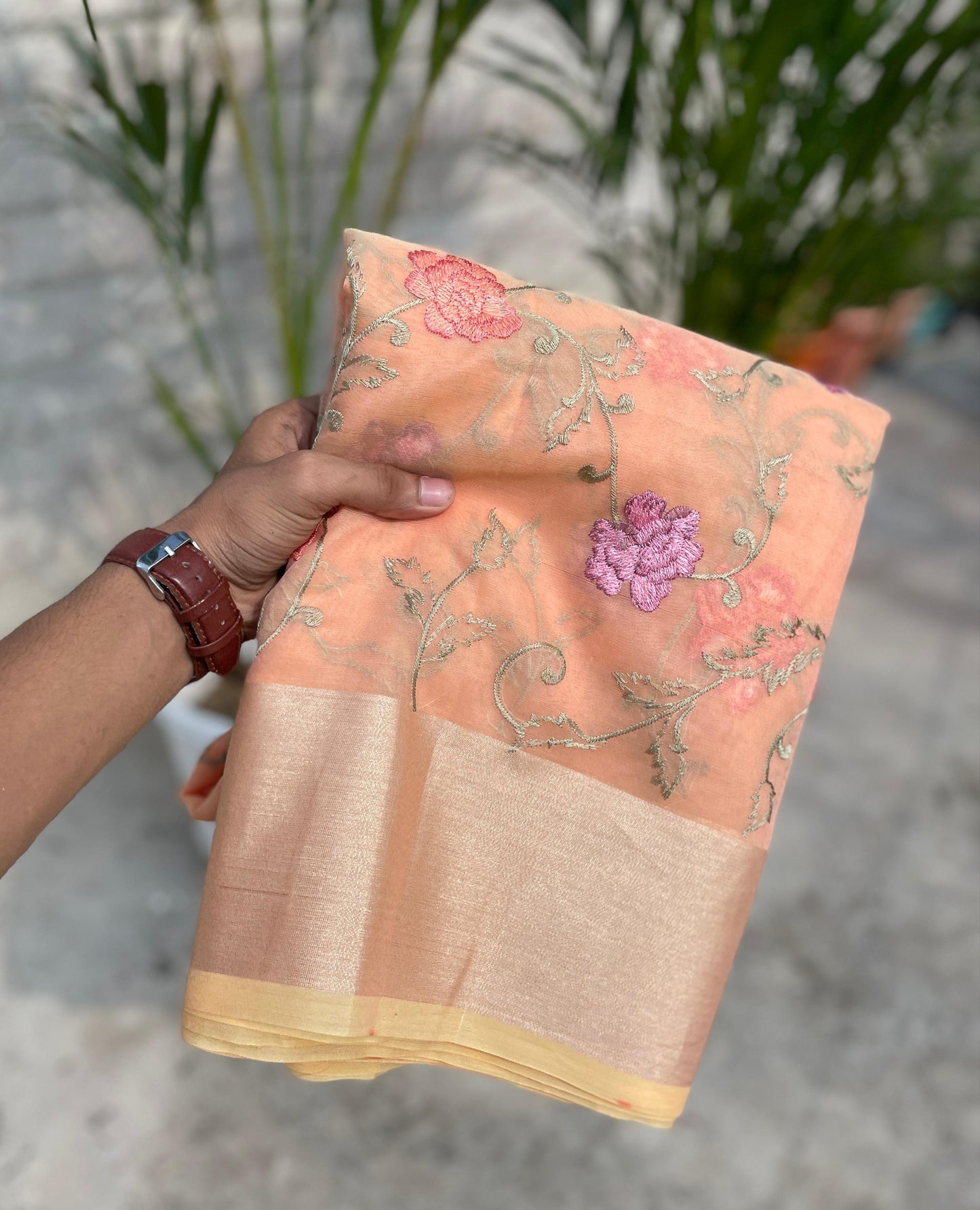 Peach Banarasi organza embroidered sarees