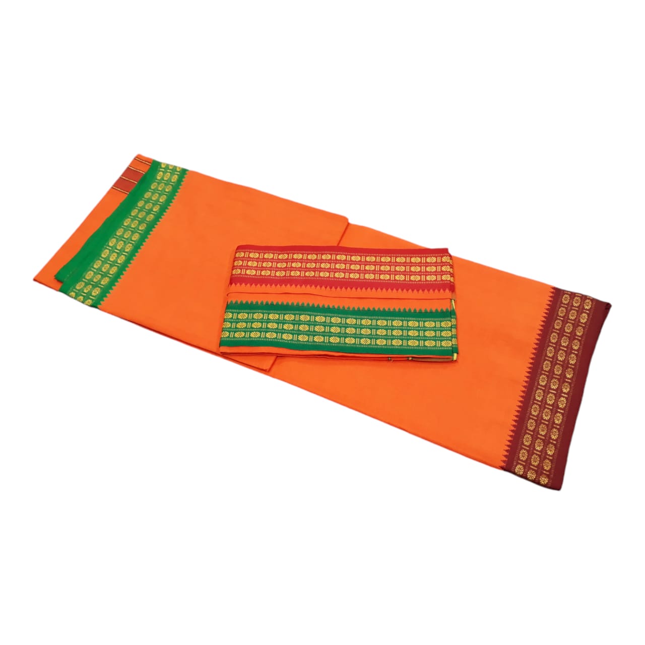 Orange pure cotton korvai dhoti with Angavastram