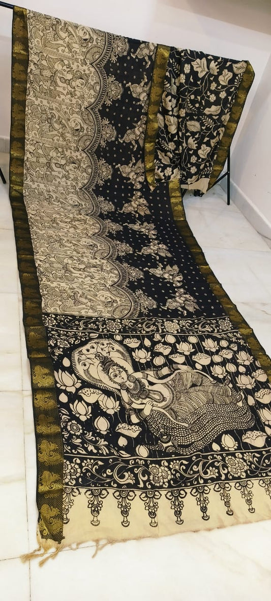 Black and white mangalagiri pen kalamkari sarees